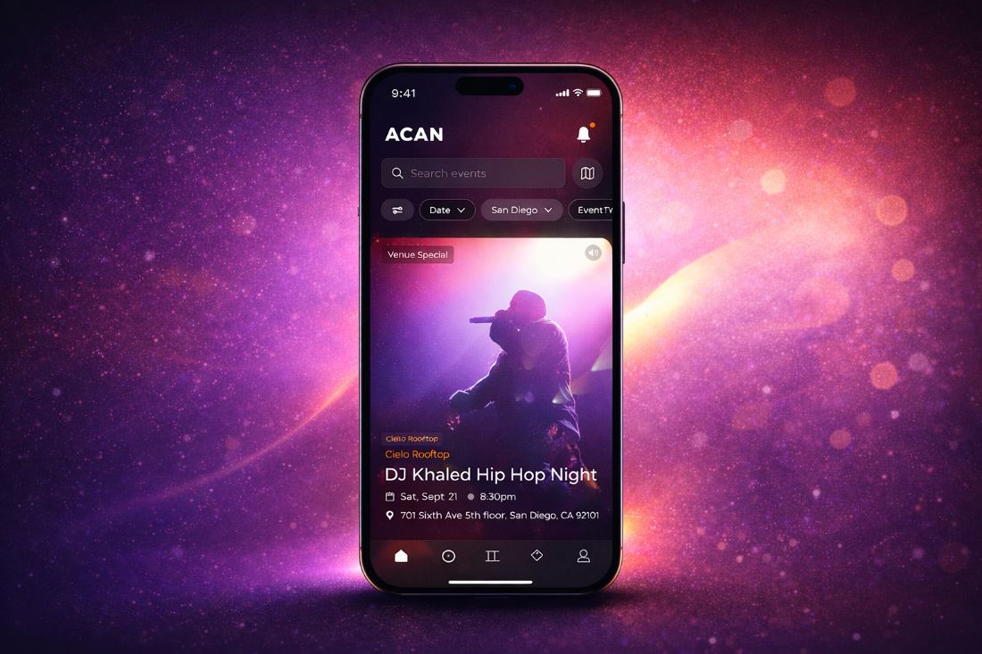 Live Acan mobile app showing San Diego nightlife events