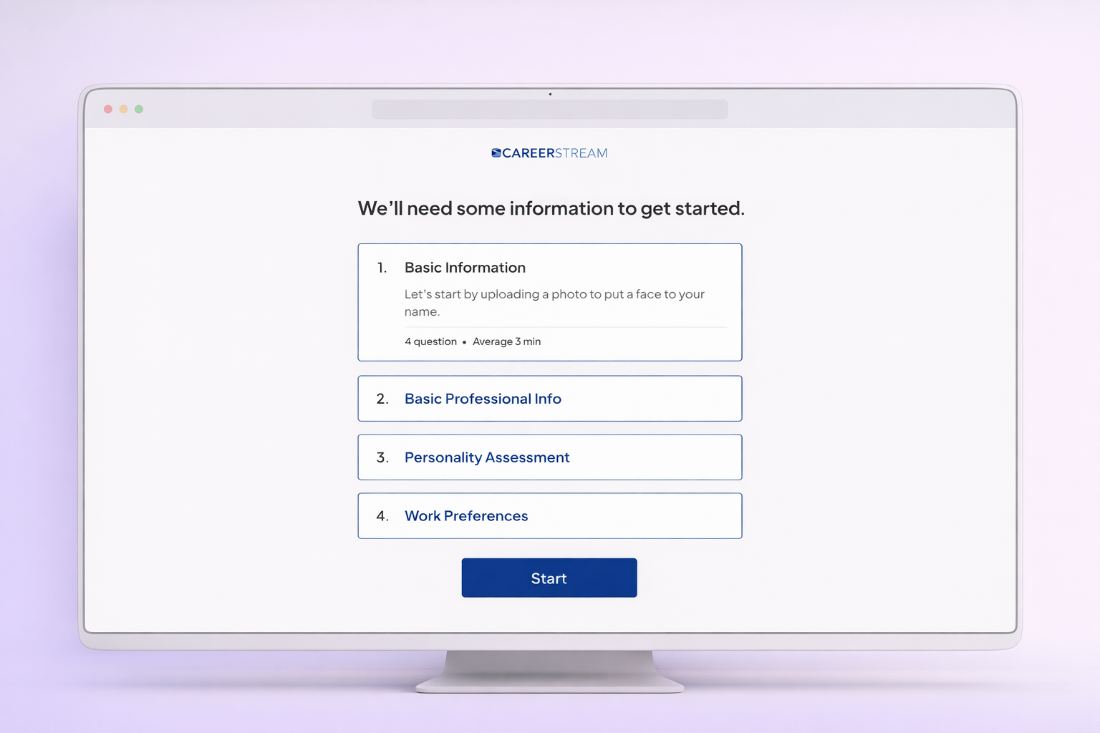 CareerStream onboarding flow with personality assessment steps
