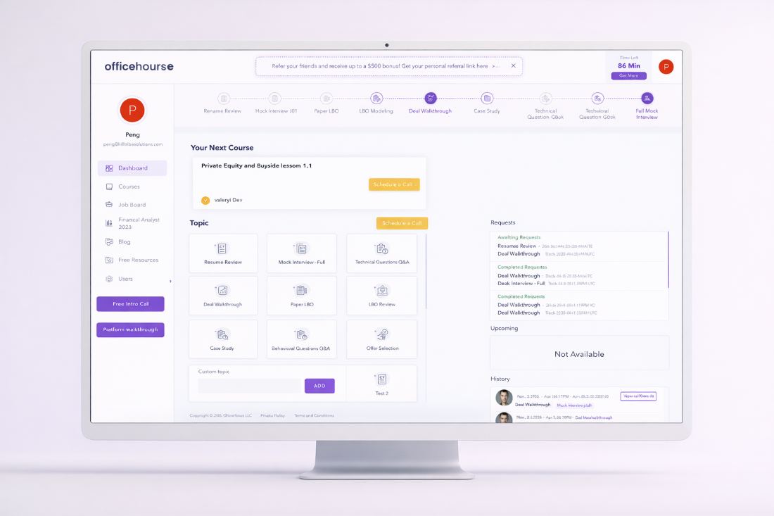 OfficeHours coaching dashboard with course track and requests