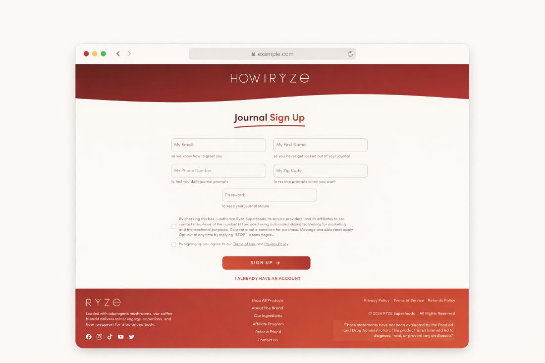 Ryze Superfoods journal sign-up page